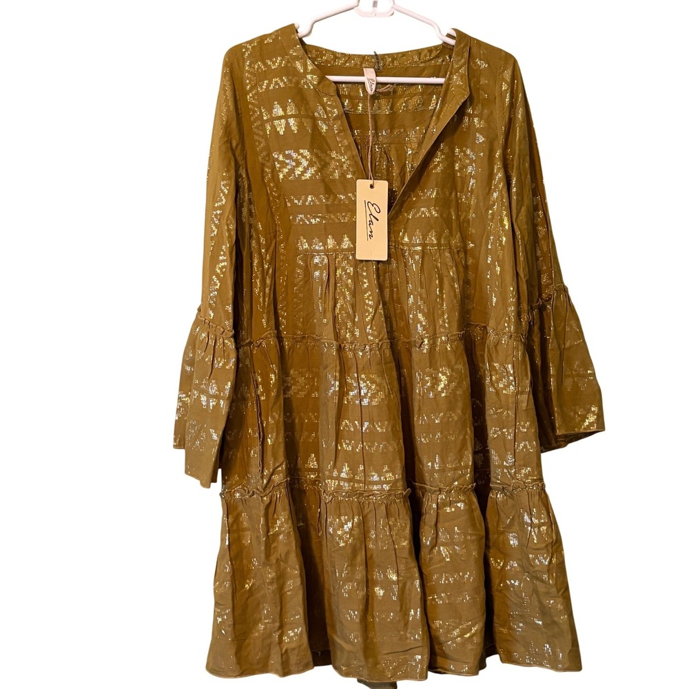 Elan Mustard Gold Metallic Tiered Bell Sleeve Boho Mini Dress Small NWT